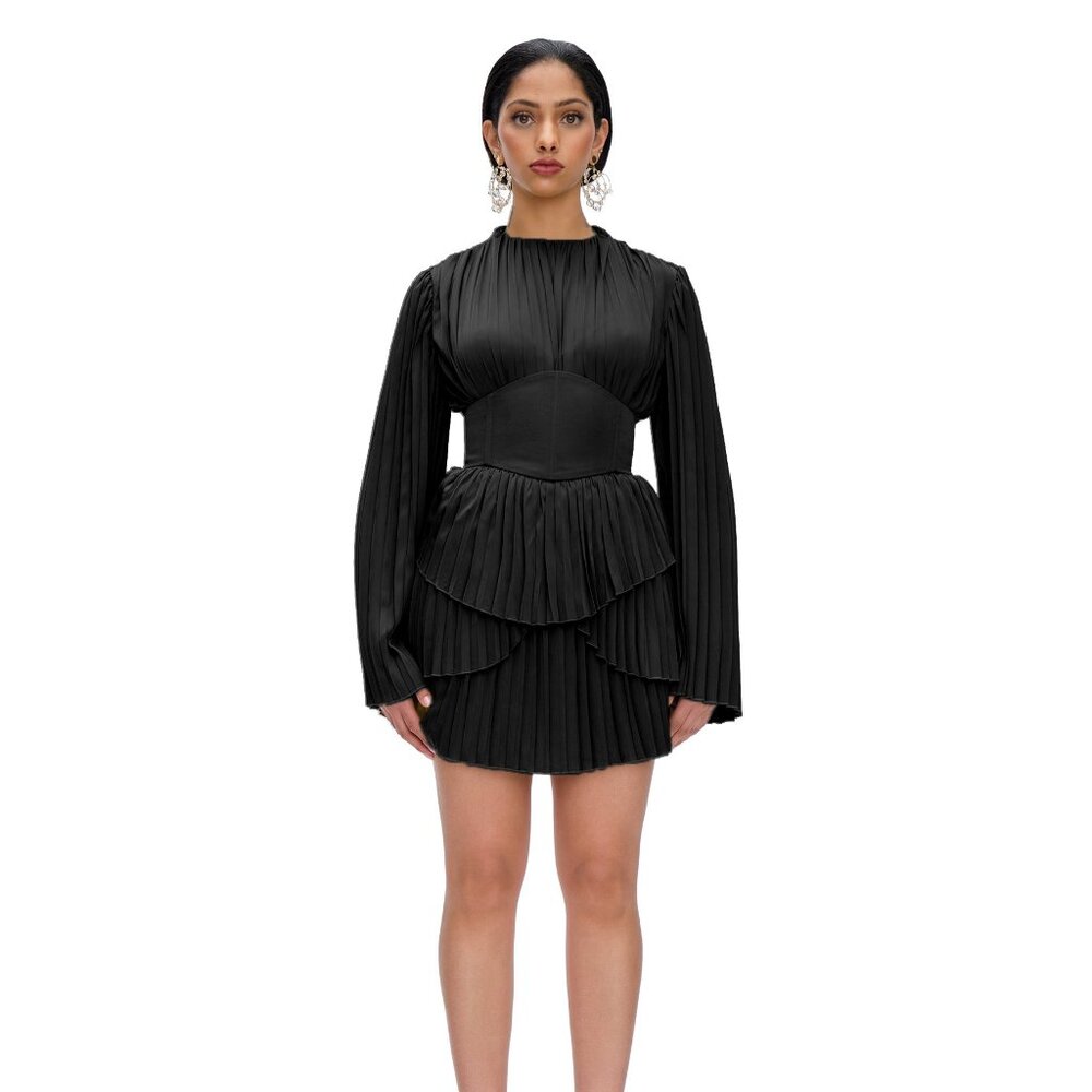 Andrea Iyamah Lenti Pleated Mini Dress Black NWT Size L Corset Belt Satin